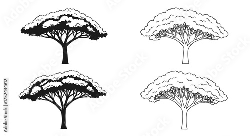 Four black and white illustrations of rounded bushy trees in a grid