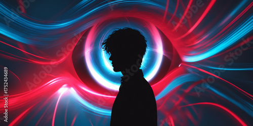 The silhouette of a person in profile stands out against the background of a bright, abstract image of an eye.