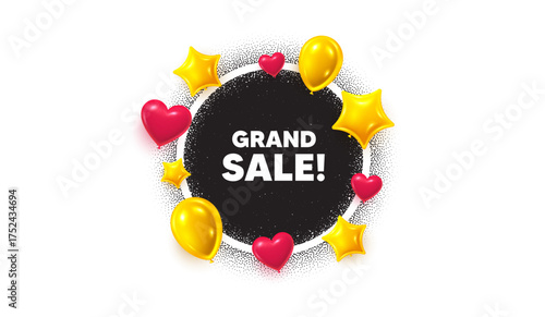 Grand sale picture frame banner. Circle photo frame. Grand sale tag. Special offer price sign. Advertising discounts symbol. 3d balloons as hearts, stars. Grain dots pattern. Vector