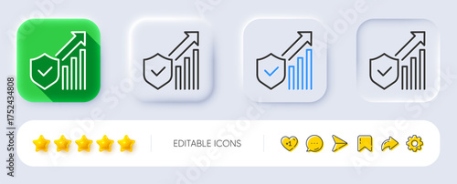 Security statistics line icon. Neumorphic, Flat shadow, 3d buttons. Cyber defence sign. Private protection symbol. Line security statistics icon. Social media icons. Vector