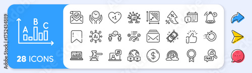 Calendar, Reward and Fake news line icons. Interest rate, AI generate, Inflation icons. Pack of Confirmed mail, Judge hammer, Consulting business icon. Reminder, Dollar money, Music pictogram. Vector
