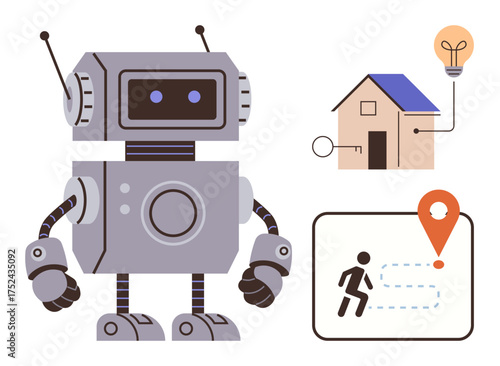 Robot standing near illustrations of a smart home with solar panel and key ideas of energy, automation, and safety. Includes navigation path and location pin. Ideal for technology, innovation
