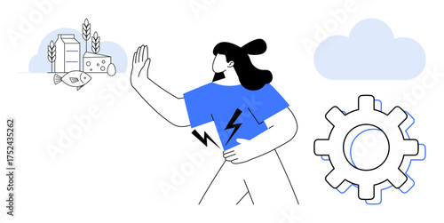Person with a lightning bolt on the shirt gestures to avoid dairy, grains, and snacks. Cloud and gear elements imply weather and mechanisms. Ideal for diet, health, energy, lifestyle, allergy