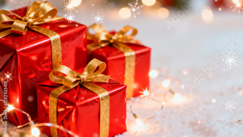 Wallpaper Mural Three red gift boxes with shiny gold bows sit on a soft white surface, illuminated by glowing fairy lights, creating a joyful and festive holiday scene filled with warmth and cheer. Torontodigital.ca