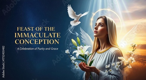 Holy Mother looking up, with a pure white dove, radiant lilies, and divine golden light, from a starry sky, observing the Feast of the Immaculate Conception, a sacred spiritual day of grace.