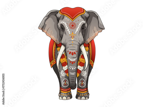 Indian elephant with ornate pattern in colorful style  