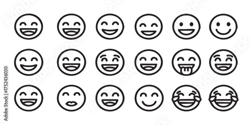 Set of smiling emoji face outline icons vector
