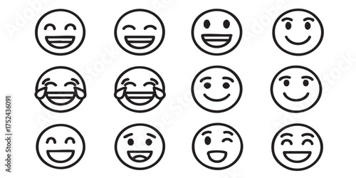 Set of smiling emoji face outline icons vector
