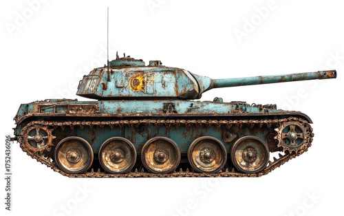 Weathered turquoise tank, side view, with rust details, on black backdrop