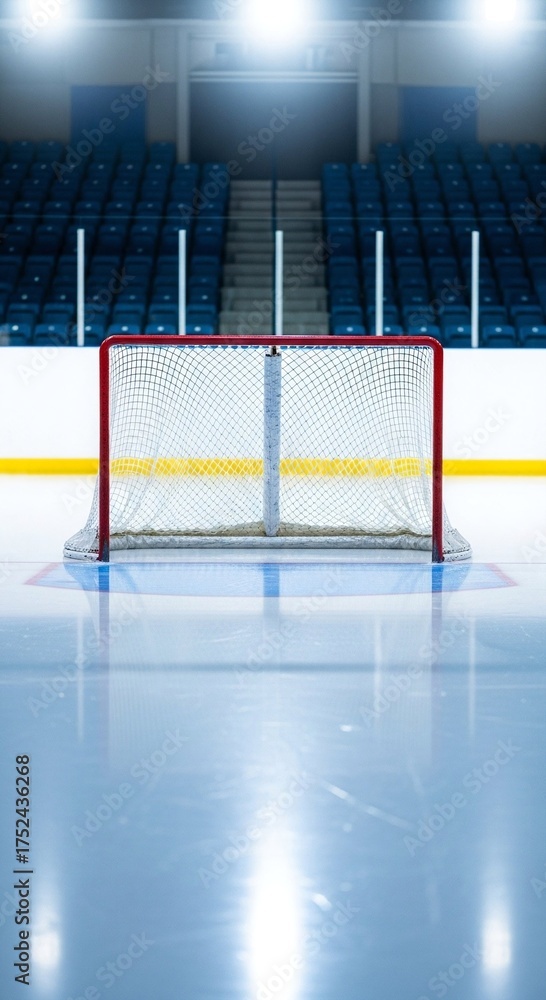 Obraz premium Empty ice hockey goal on a shiny skating rink with arena seating in the background. Winter sport, competitive game, or event concept.