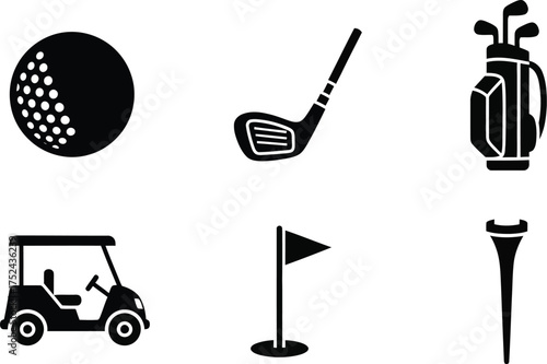 Golf ball, golf clubs, golf bag, golf cart, golf flagstick and hole, golf tee icons vector illustration 