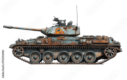 Weathered, rusted tank profile view, featuring distressed blue paint
