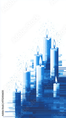 Digital artwork of blue Hanukkah candles in a modern style, representing the Festival of Lights with vibrant colors and abstract patterns, concept of cultural celebration or event