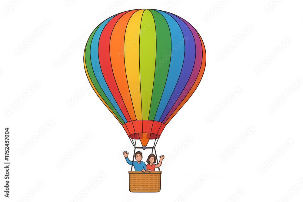 Fototapeta premium Couple celebrating adventure, flying in colorful rainbow hot air balloon, waving hello, travel and journey concept