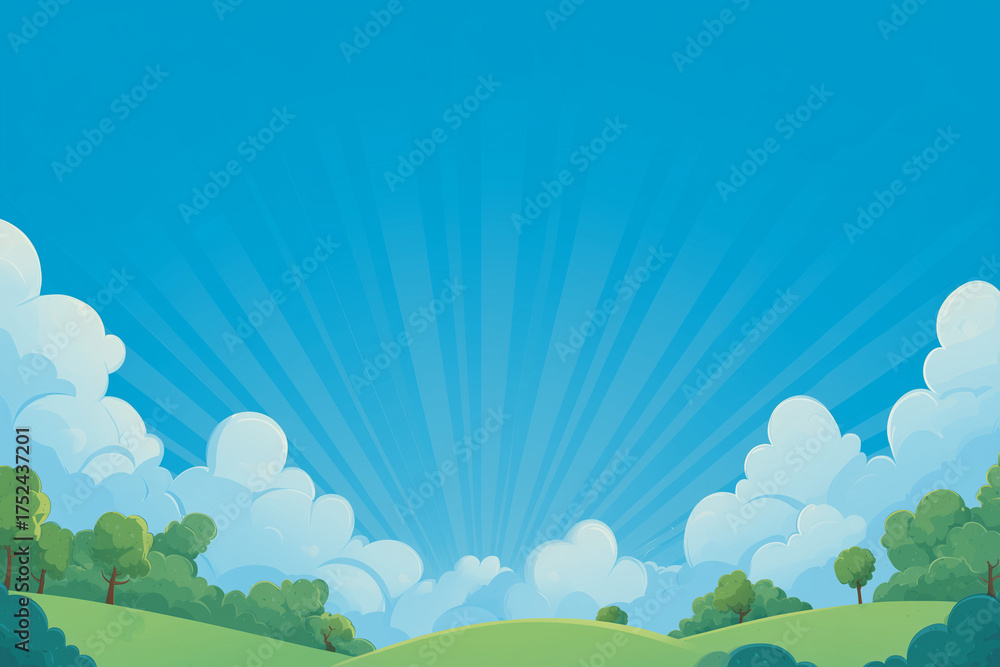 Obraz premium Serene cartoon-style landscape with meadow, mountains, and white fence