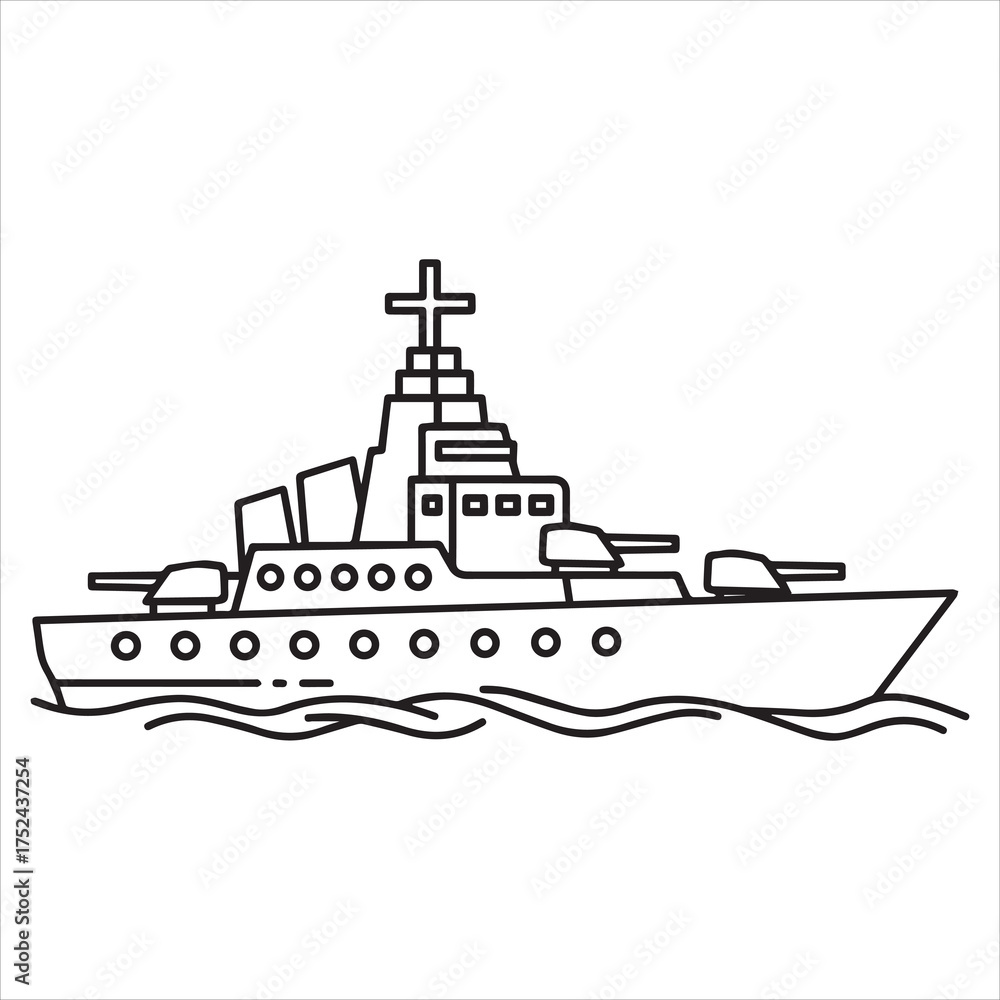 Obraz premium Black and white drawing of a warship sailing on water