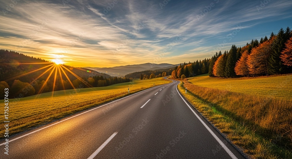 Naklejka premium Winding road through rural landscape with autumn trees and field during sunset. Scenic travel route for car journey and beautiful sky.