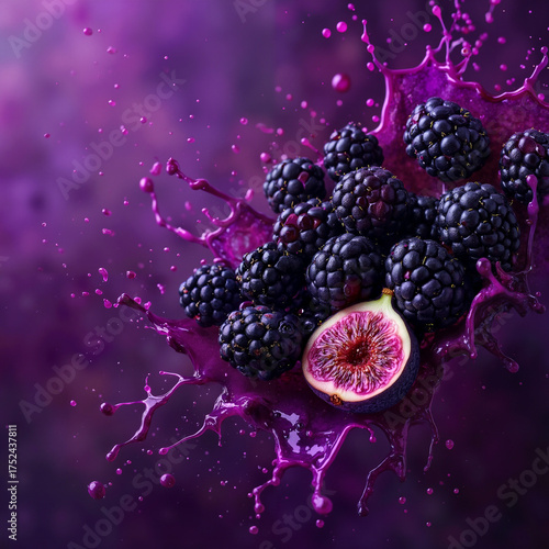 Ripe blackberries and fig on purple splash background  