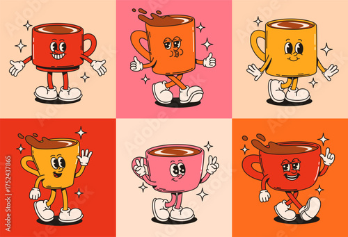 Groovy coffee cups characters in retro style. Flat vector illustration.