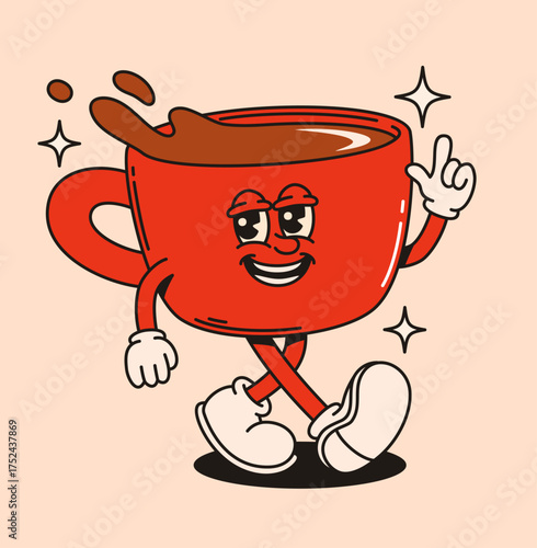 Groovy cup of coffee character in retro style. Flat vector illustration.