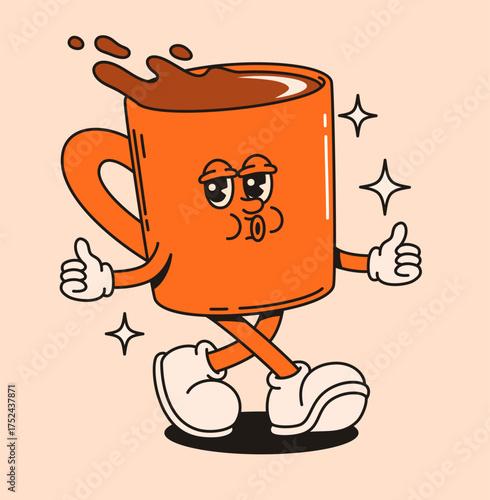 Groovy orange coffee cup character in retro style. Flat vector illustration.