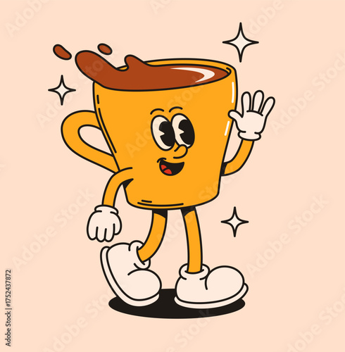 Groovy yellow coffee cup character in retro style. Flat vector illustration.