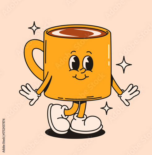 Cute groovy coffee cup character in retro style. Flat vector illustration.