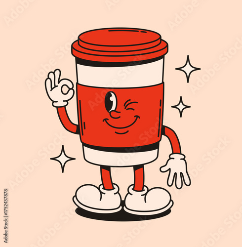 Groovy cup of coffee character. Flat vector illustration.