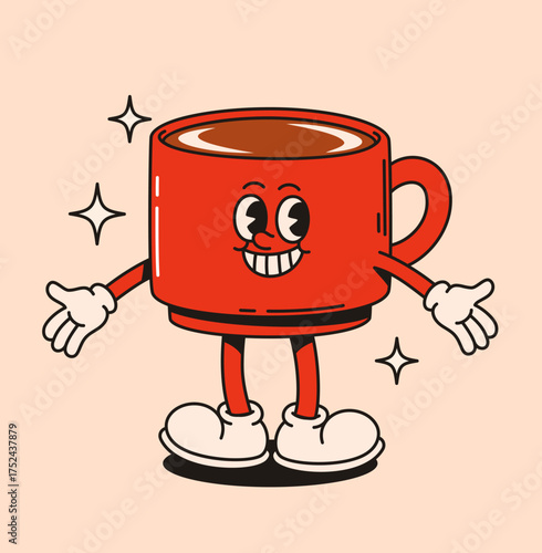 Groovy red coffee cup character. Flat vector illustration.