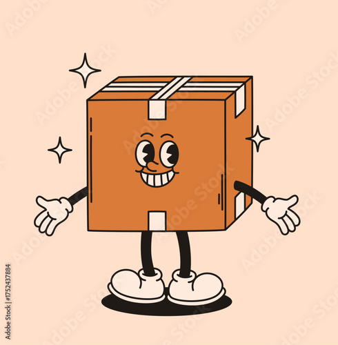 Groovy box character. Cute cardboard package. Flat vector illustration.