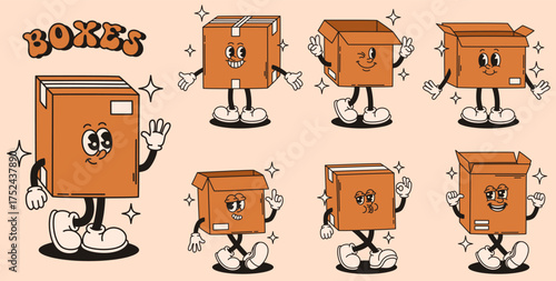 Set of groovy box characters. Flat vector illustration.