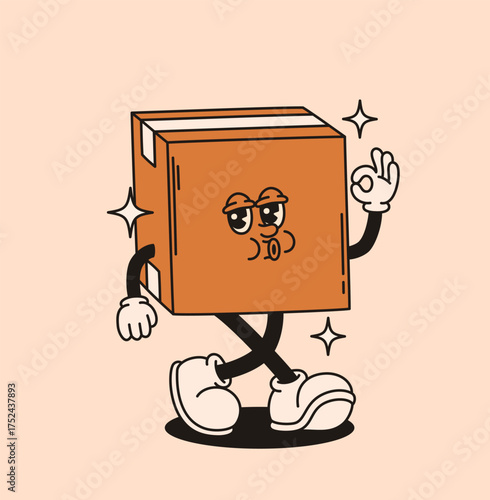 Groovy box character. Cardboard package. Flat vector illustration.