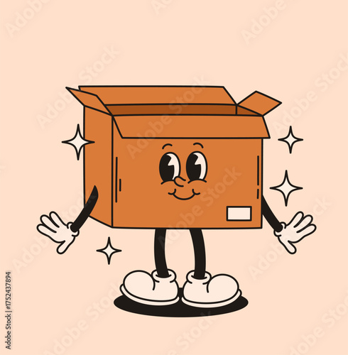 Cute groovy cardboard box character. Flat vector illustration.