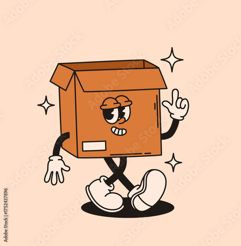 Groovy cardboard box character. Flat vector illustration.