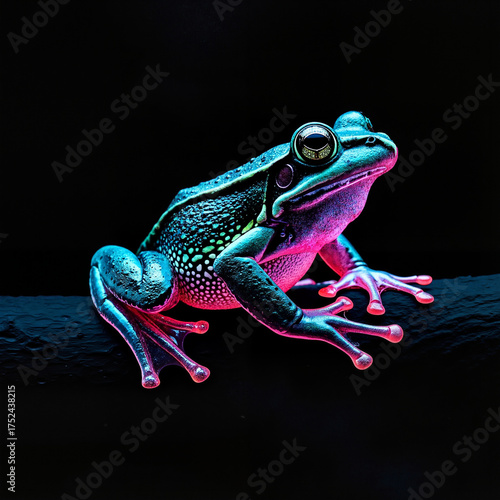 Colorful frog sitting on branch with neon lighting against dark background  