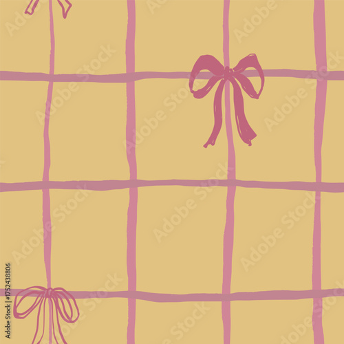 Vector abstract seamless pattern with pink checks and bows. Hand painted illustration for design, print, fabric or background.