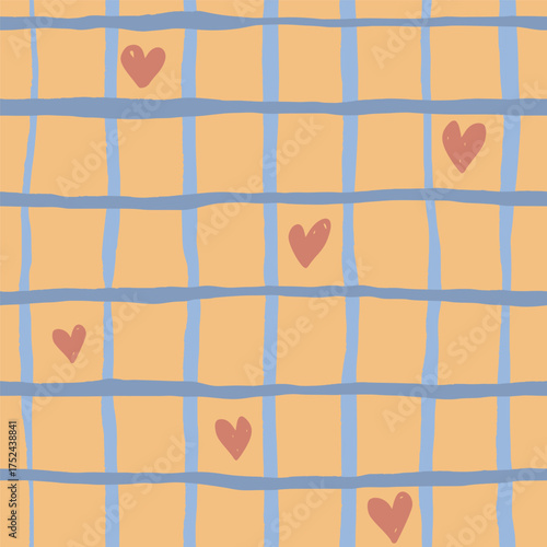 Vector abstract seamless pattern with blue checks and hearts. Hand painted illustration for design, print, fabric or background.