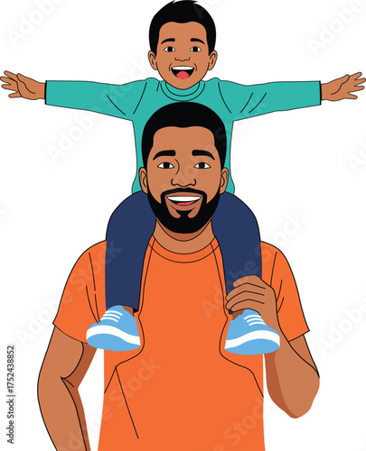 Happy Father's Day theme vector design. A father carrying a happy son on his shoulders with his arms outstretched, isolated on a white background.