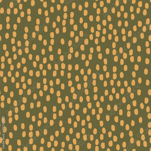 Vector abstract seamless pattern with yellow polka dot on olive. Hand painted illustration for design, print, fabric or background.
