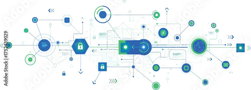 Abstract network diagram with circles squares and locks in blue and green on white background
