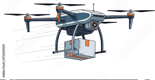 A drone carrying a package in flight against a white background in a cartoon illustration style