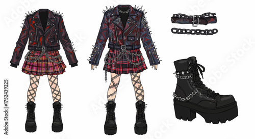 Punk fashion illustration showcasing edgy outfits, including spiked jackets, plaid skirts, and chunky boots, capturing a rebellious aesthetic for urban style