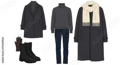 Stylish winter clothing ensemble featuring dark grey coat, turtleneck, jeans, scarf, gloves, and boots
