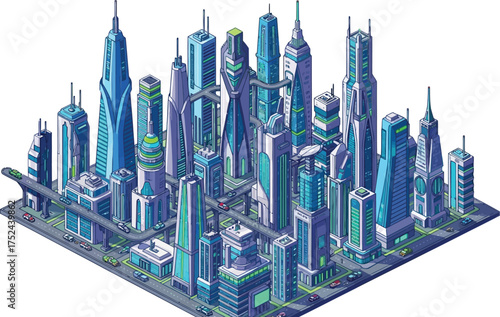 Isometric pixel art rendering of a futuristic city with tall buildings and elevated roadways design