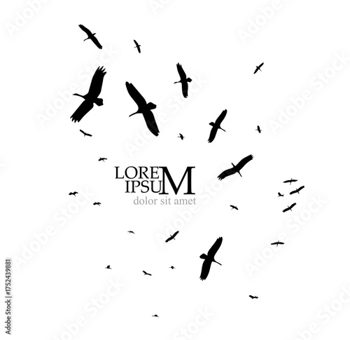 Flight of storks silhouette. A flock of birds flying south. Hand drawn. Not AI, vector illustration