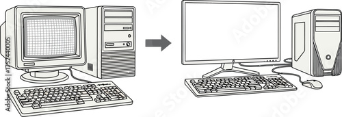 Evolution of computer technology showcasing a transition from old to new systems with peripherals