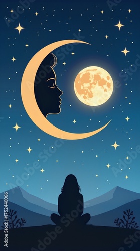 Faceless silhouette of a person admiring the moon and stars in a night sky backdrop, celestial-themed winter solstice concept