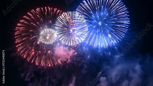 Colorful fireworks bursting in the dark night sky. Bright glowing explosions creating festive atmosphere with sparkles, trails, and bokeh lights. Perfect celebration or holiday background video.