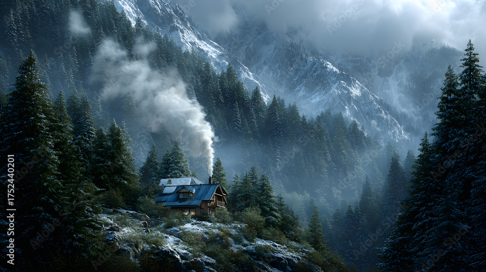 Fototapeta premium Isolated retreat hidden among snowy pines with chimney smoke rising