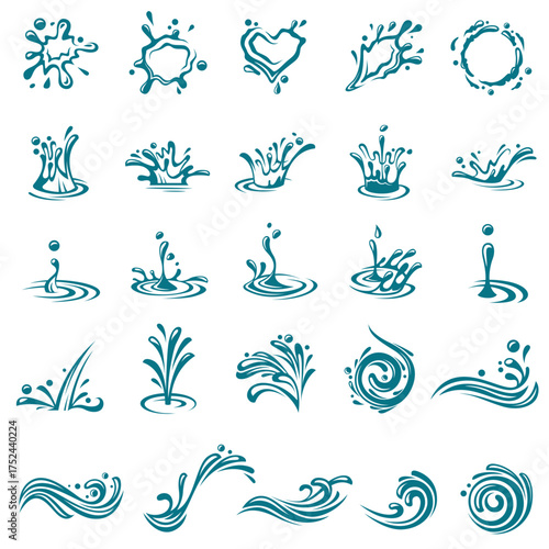 collection with abstract symbols of blue water splash isolated on white background